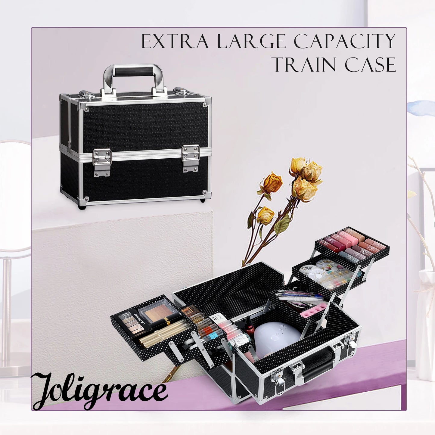 Professional Nail Suitcase Travel Portable Large Capacity Manicure Makeup Case with 6 Trays and Keys for Makeup Artists