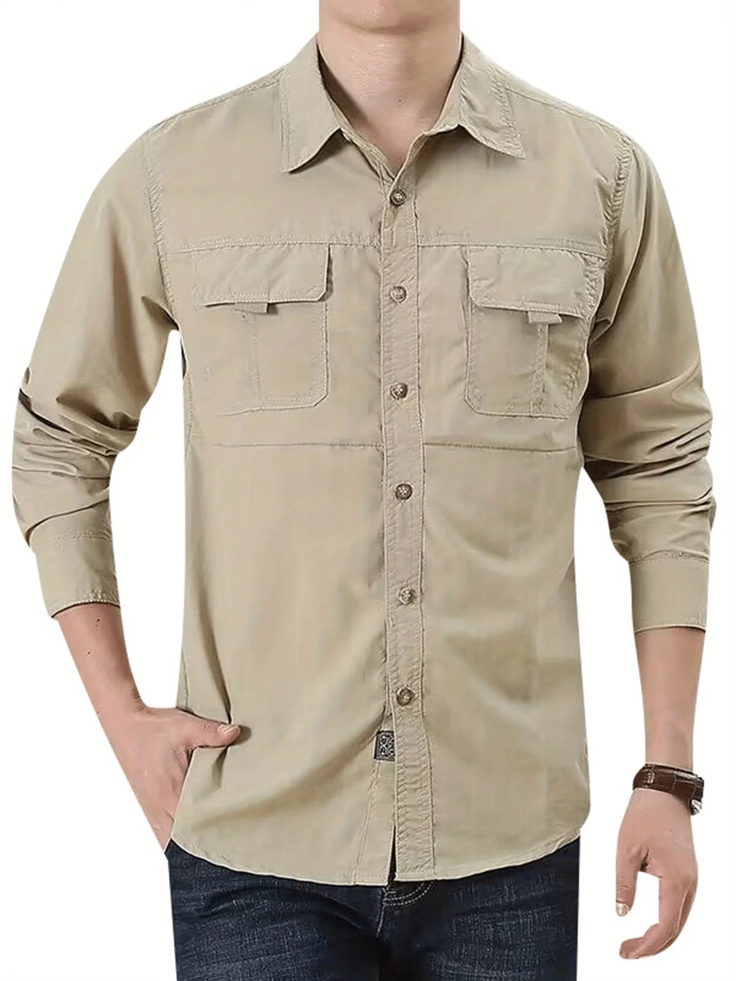Men's Outdoor Military Style Long Sleeve Shirt Autumn Tactical Multi-Pocket Casual Hiking Shirt Durable Quick-Dry Breathable