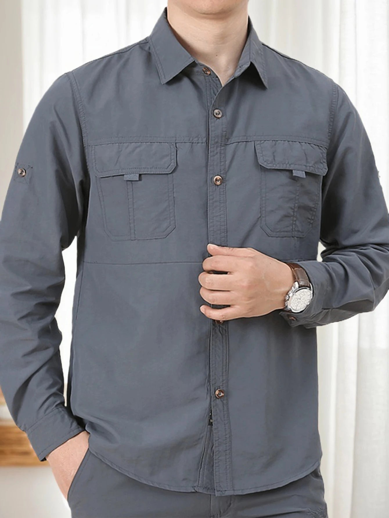 Men's Outdoor Military Style Long Sleeve Shirt Autumn Tactical Multi-Pocket Casual Hiking Shirt Durable Quick-Dry Breathable