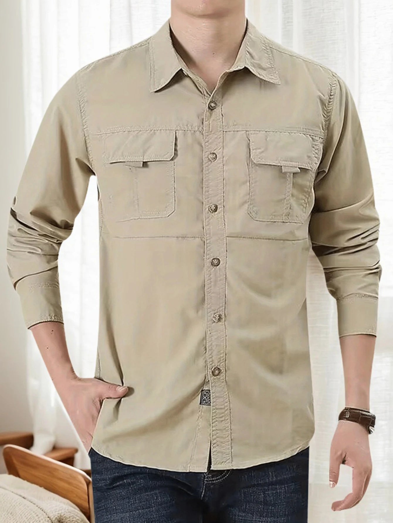 Men's Outdoor Military Style Long Sleeve Shirt Autumn Tactical Multi-Pocket Casual Hiking Shirt Durable Quick-Dry Breathable