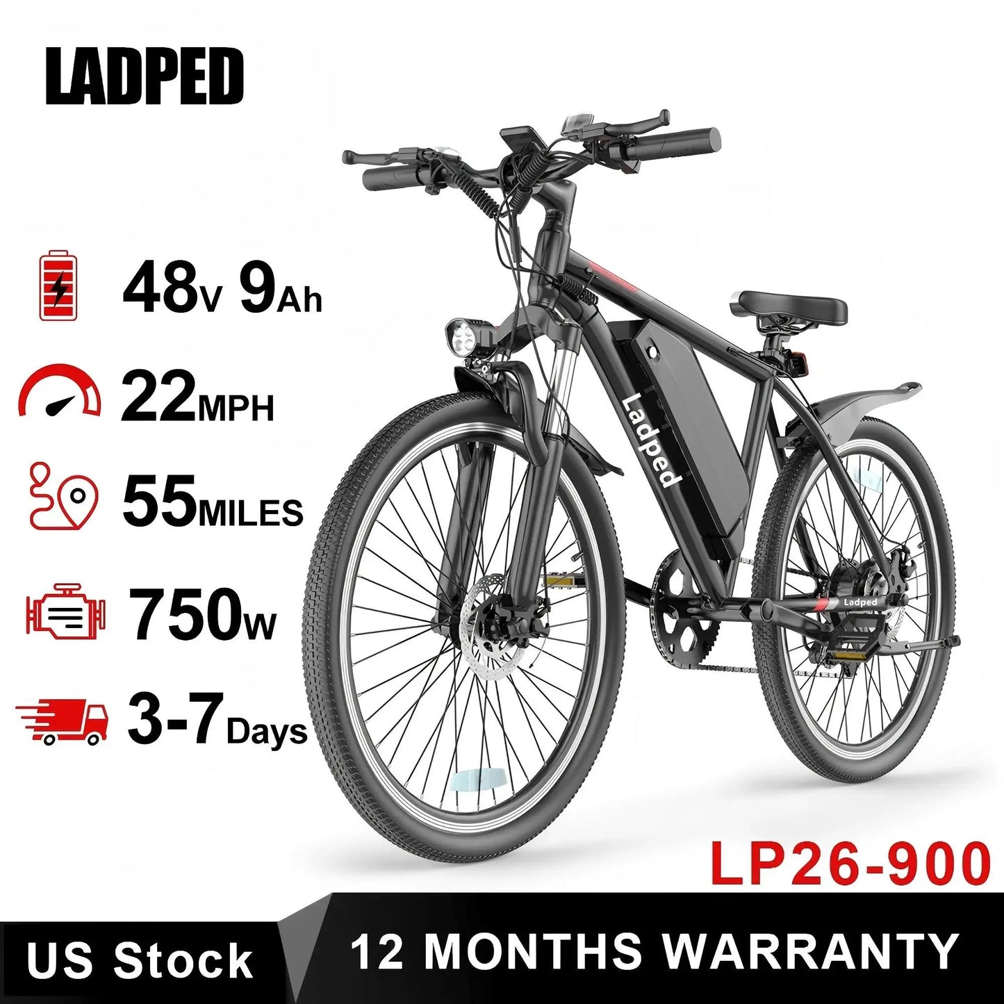 Ladped 26 Inch Electric Mountain Bike 750W 48V E Bike