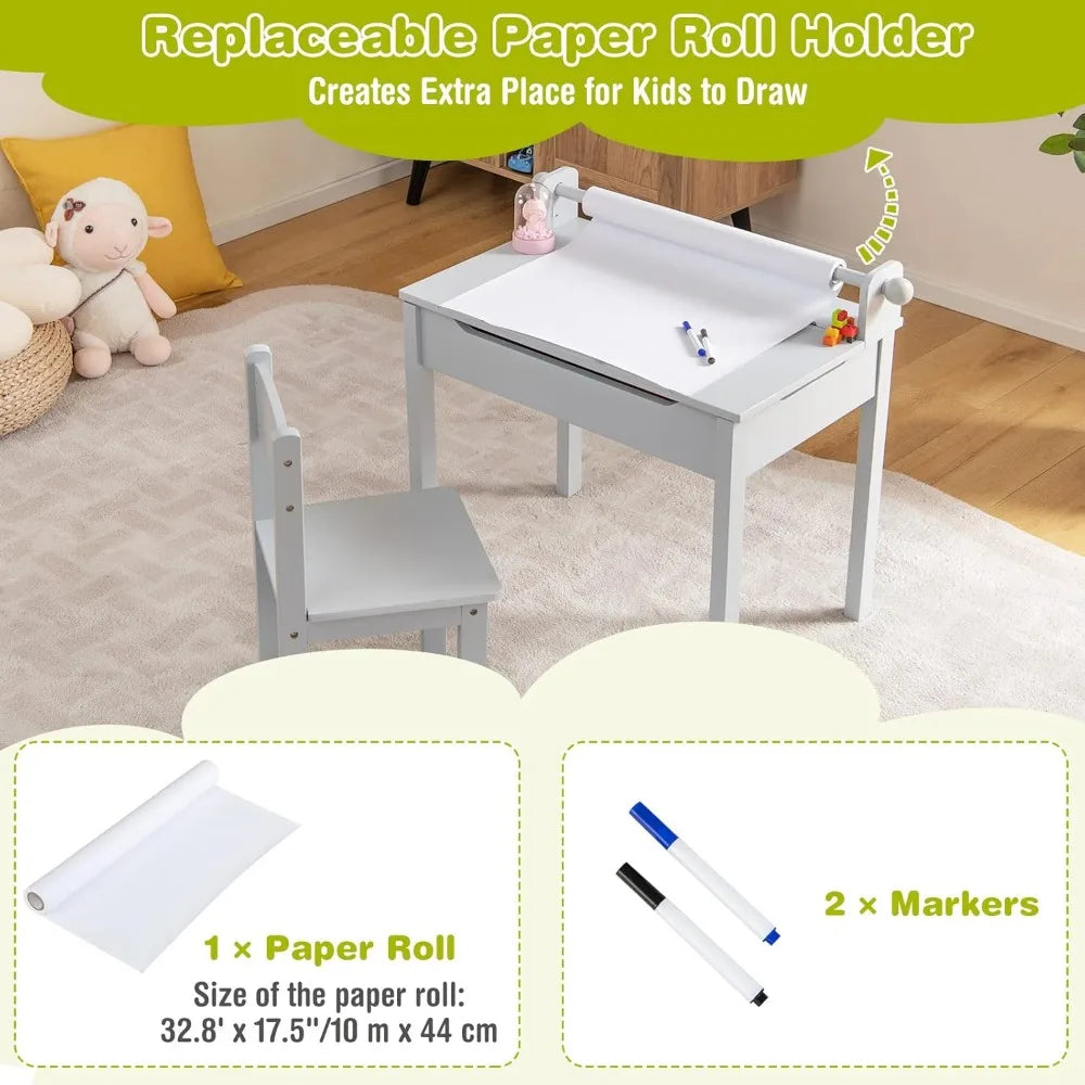 Kids Table and Chair Set, Wooden Lift-Top Desk & Chair with Storage, Paper Roll Holder & Pen Slot, Activity Table Set