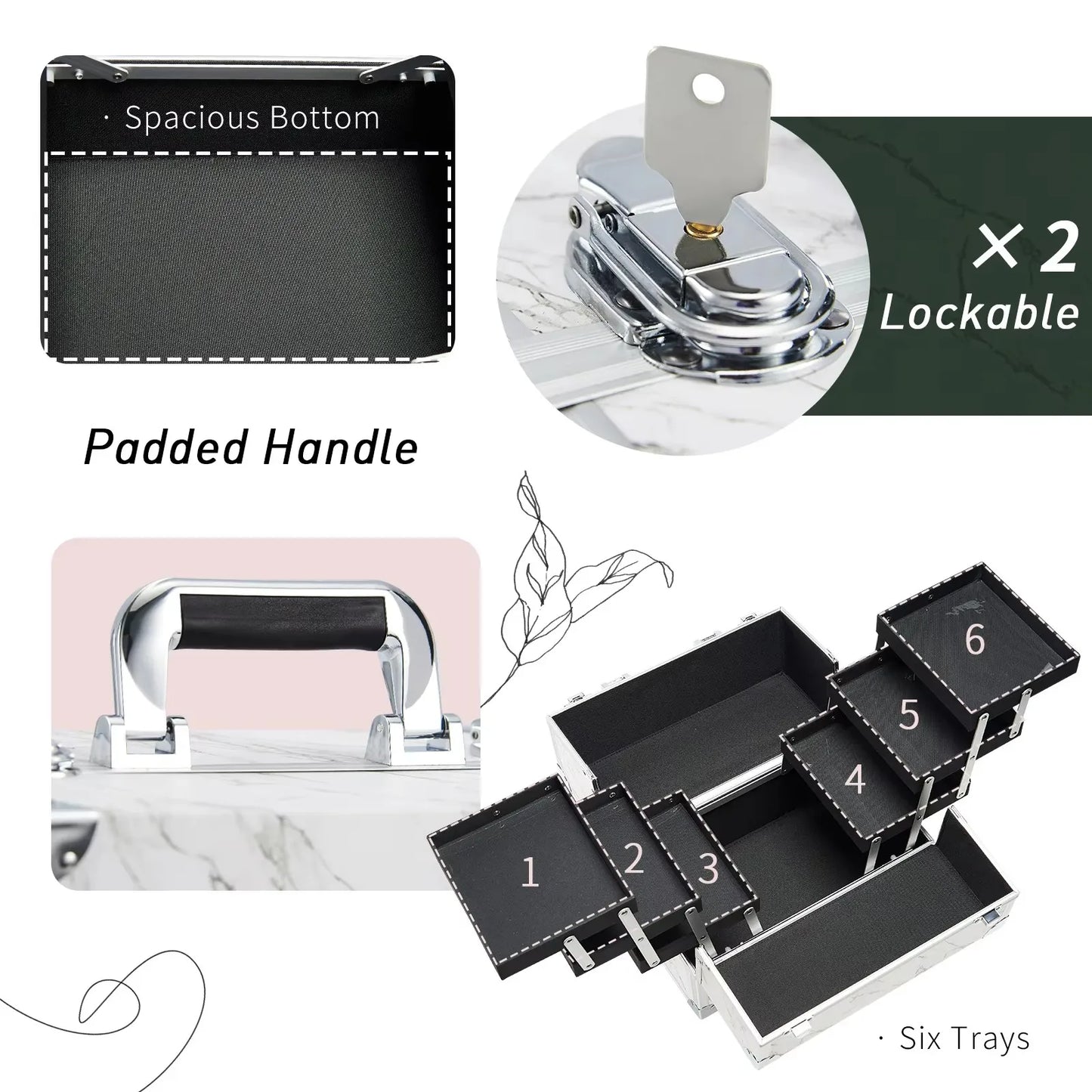 Professional Nail Suitcase Travel Portable Large Capacity Manicure Makeup Case with 6 Trays and Keys for Makeup Artists