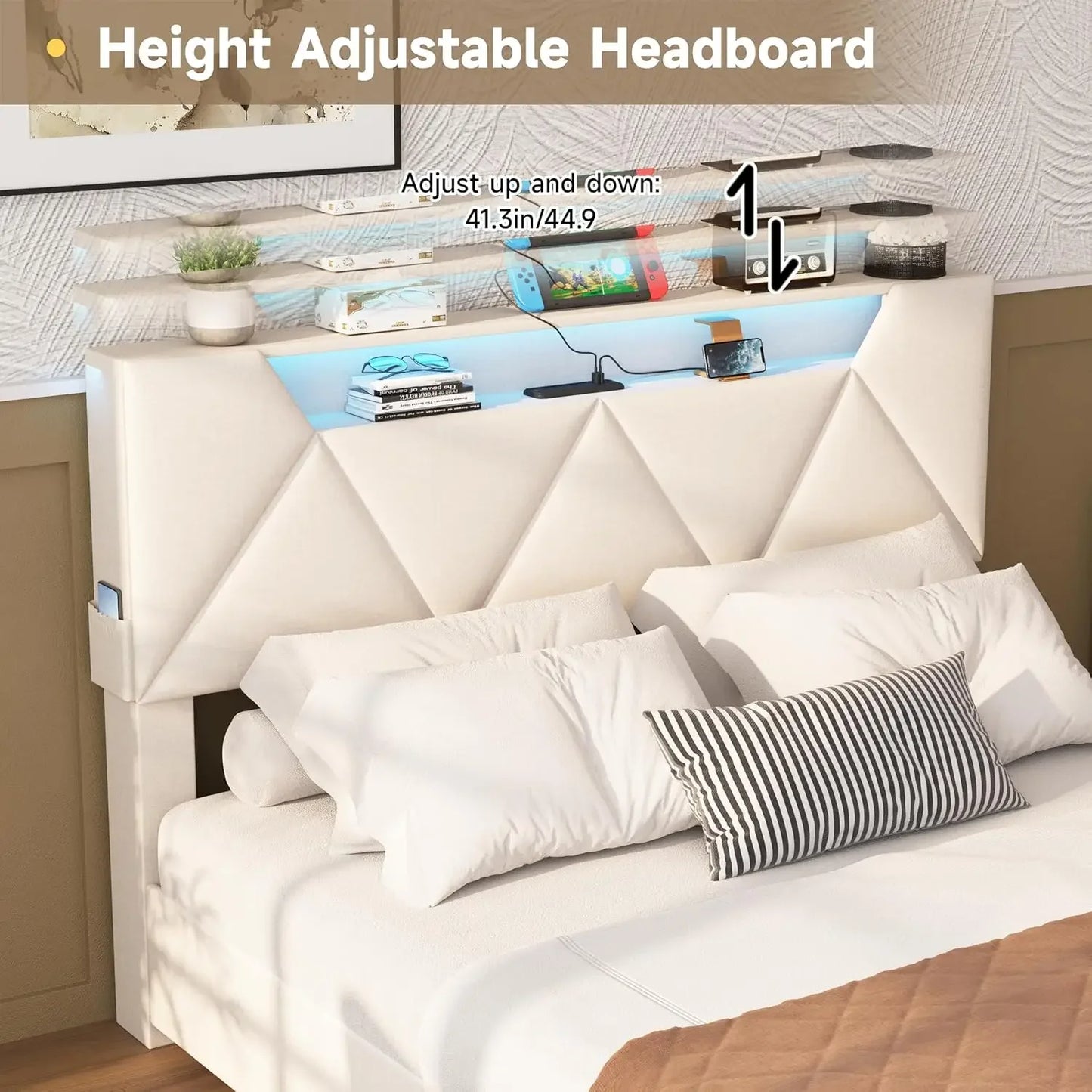 Vabches Queen Bed Frame Storage Drawers Led Lights