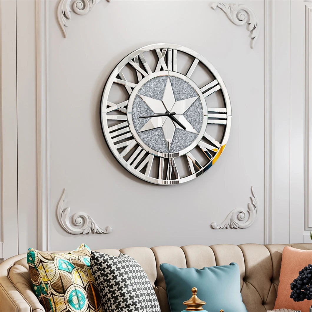 Large Mirrored Wall Clock 60cm Round Roman Numeral Skeleton