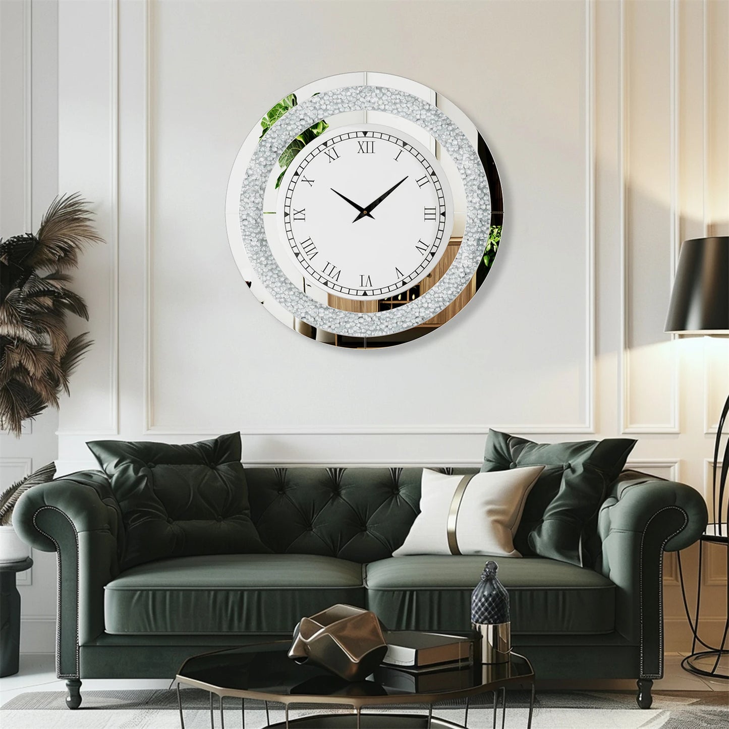 60 80CM Bling Silver Round Mirror Clock Glam Sparkle Twinkle Shining Mirrored Wall Clock for Home Decor