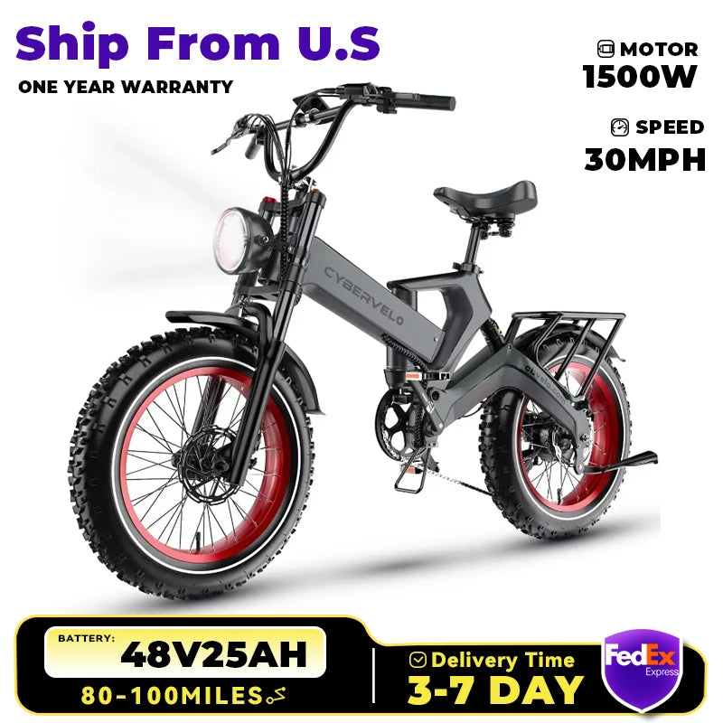 Foldable 1000W Electric Fat Tire Bike Removable 48V Battery