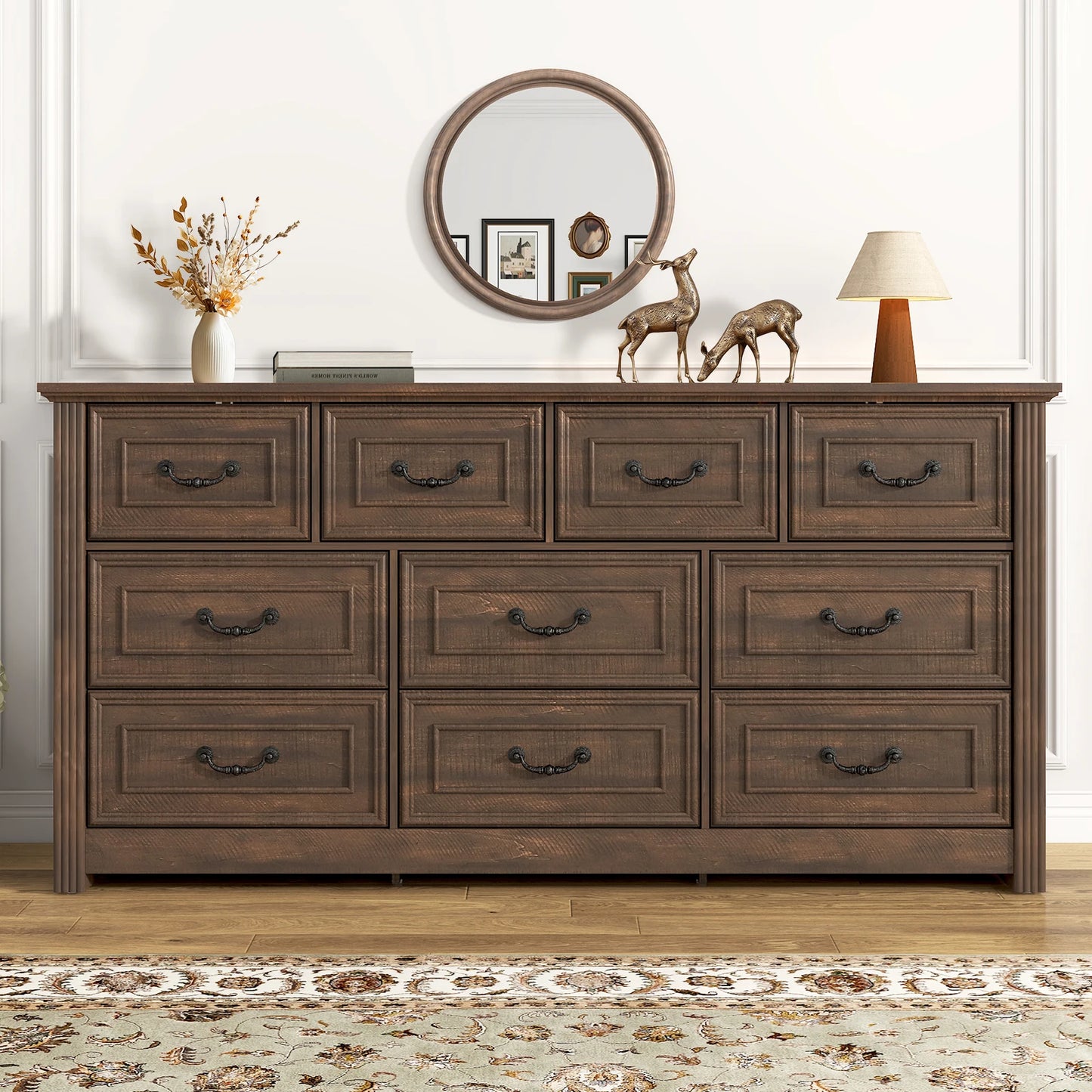 Farmhouse 10 Drawer Dresser For Bedroom With Rustic Handles