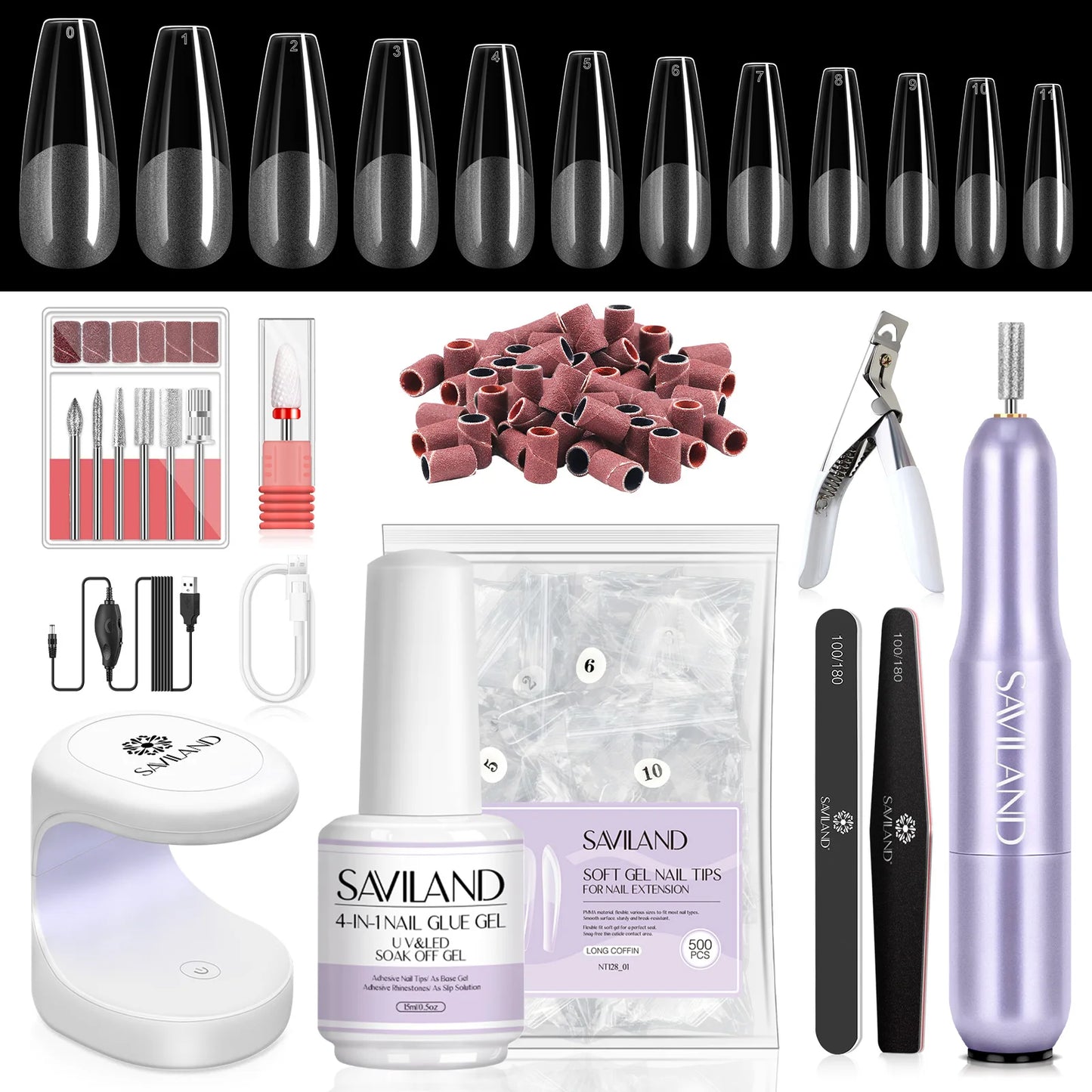 SAVILAND Gel X Nail Kit 500pcs Long Coffin Nail Tips