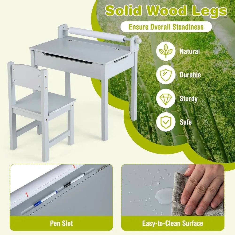 Kids Table and Chair Set, Wooden Lift-Top Desk & Chair with Storage, Paper Roll Holder & Pen Slot, Activity Table Set