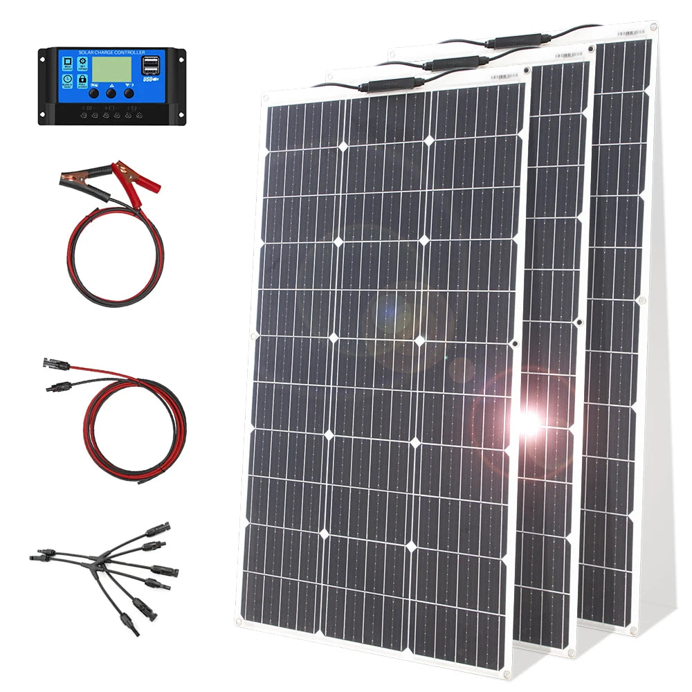 12V Flexible Solar Panel Kit 100W 200W Monocrystalline Waterproof Solar Charger with Controller for RV Camping Outdoor