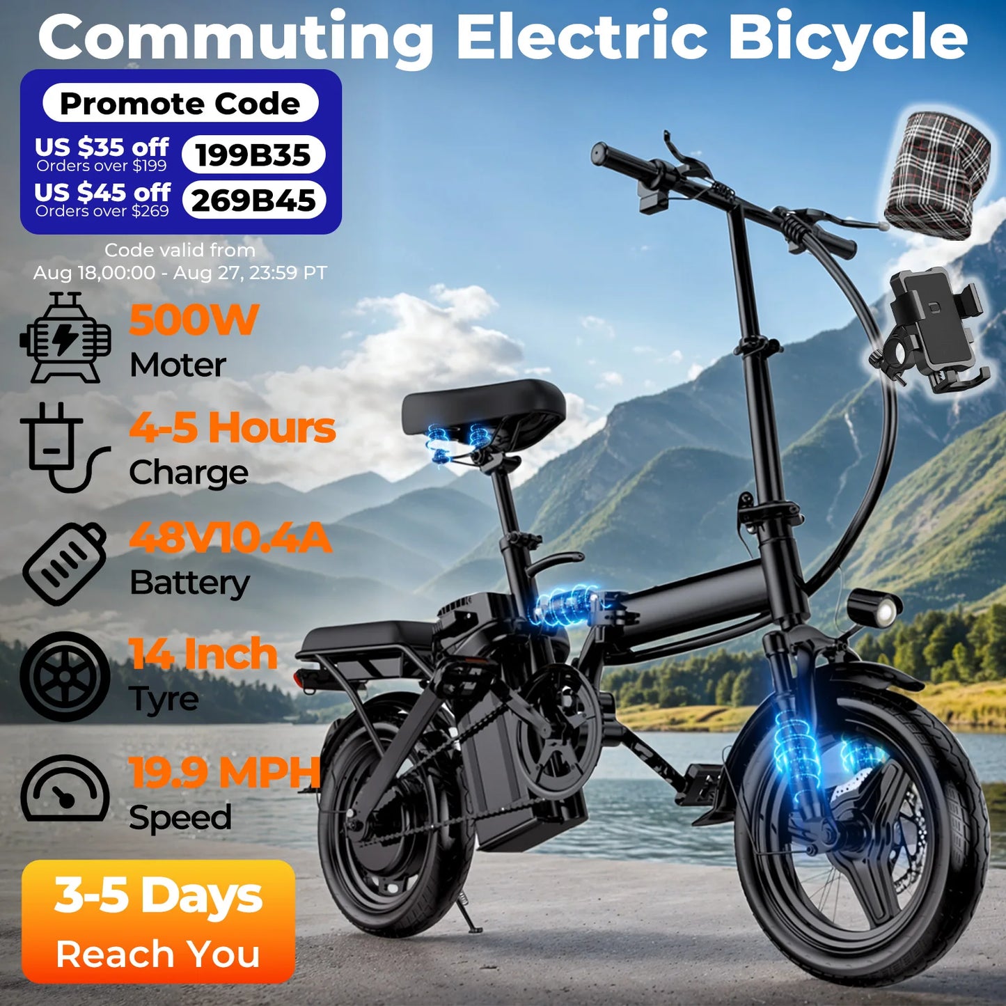 14 Inch Folding Electric Bike 500W Adult Commuter Battery