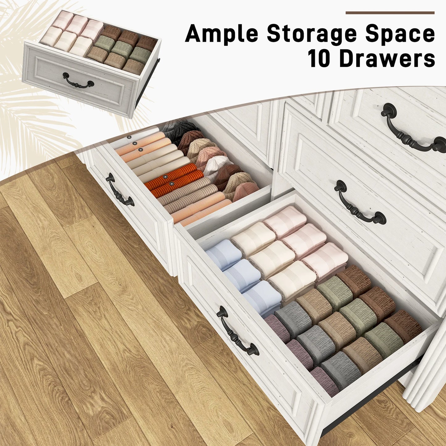 Farmhouse 10 Drawer Dresser For Bedroom With Rustic Handles