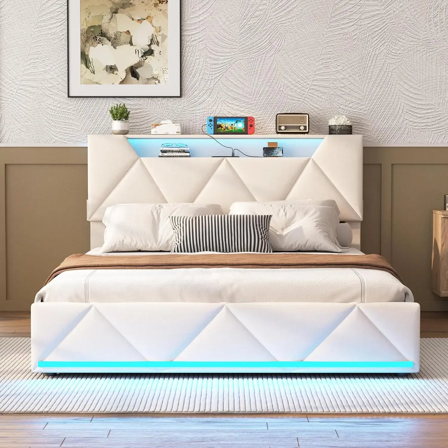 Vabches Queen Bed Frame Storage Drawers Led Lights