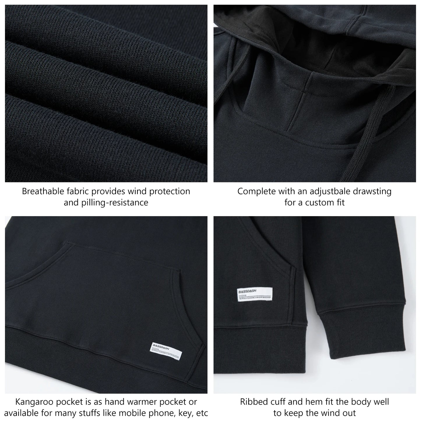 BASSDASH Mens Cotton Hoodie Long Sleeve Pullover Sweatshirt