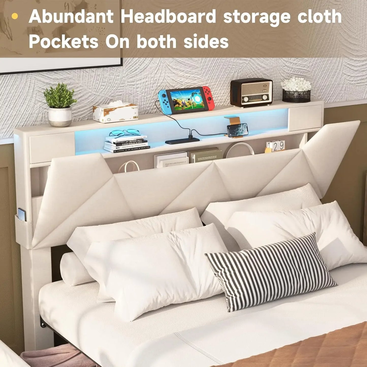 Vabches Queen Bed Frame Storage Drawers Led Lights