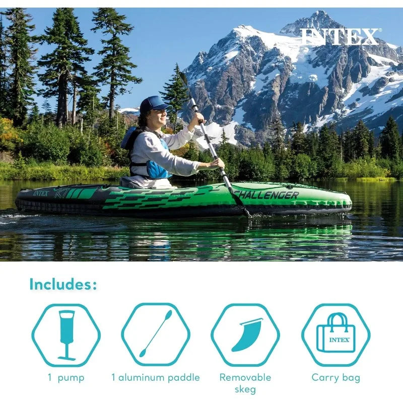 Intex Challenger Inflatable Kayak Series with Deluxe 86 Inch Kayak Paddles and High Output Pump Super Strong PVC