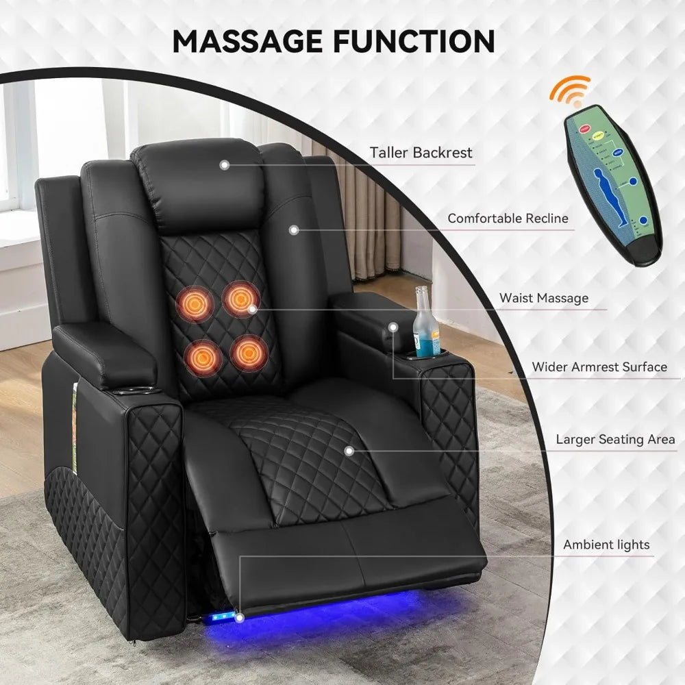 Power Recliner Chair PU Leather Massage Cup Holders LED