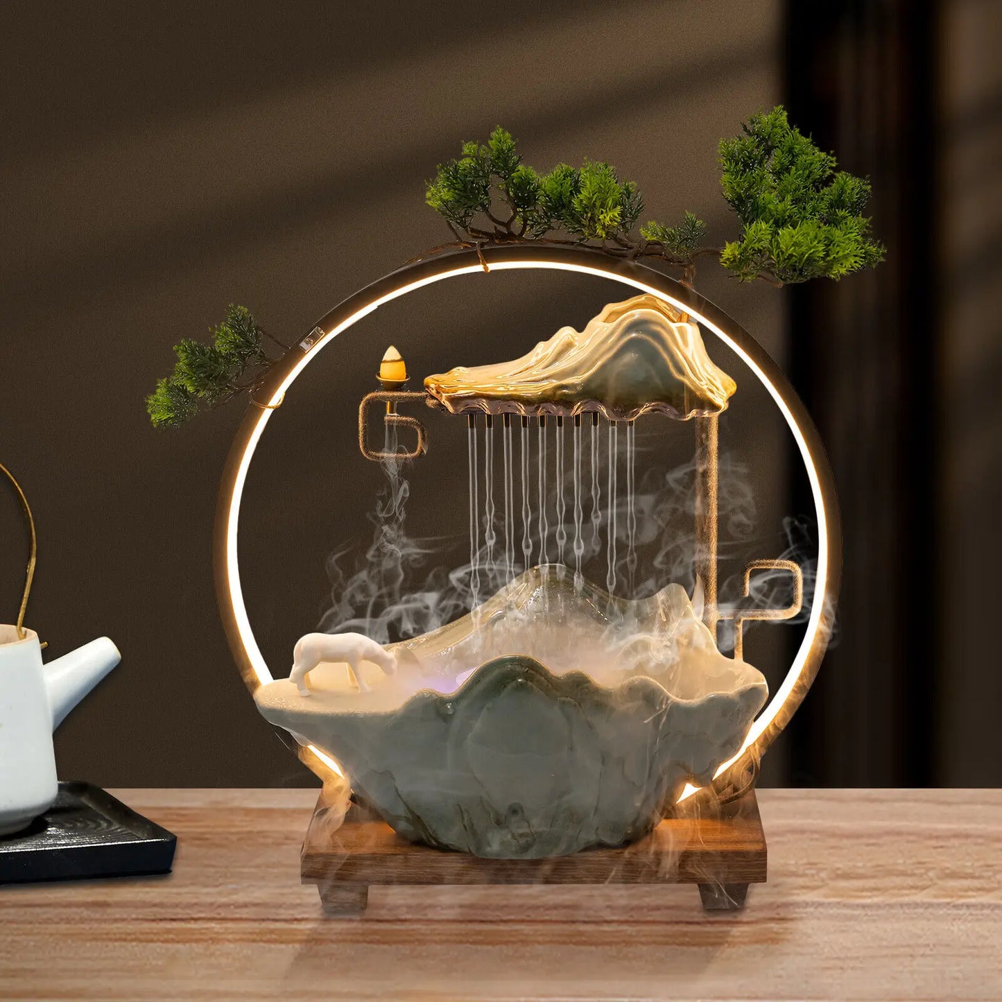 Tabletop Water Fountain Indoor Waterfall Decoration with Mist Rockery Horse Plants and LED for Meditation Feng Shui Decor