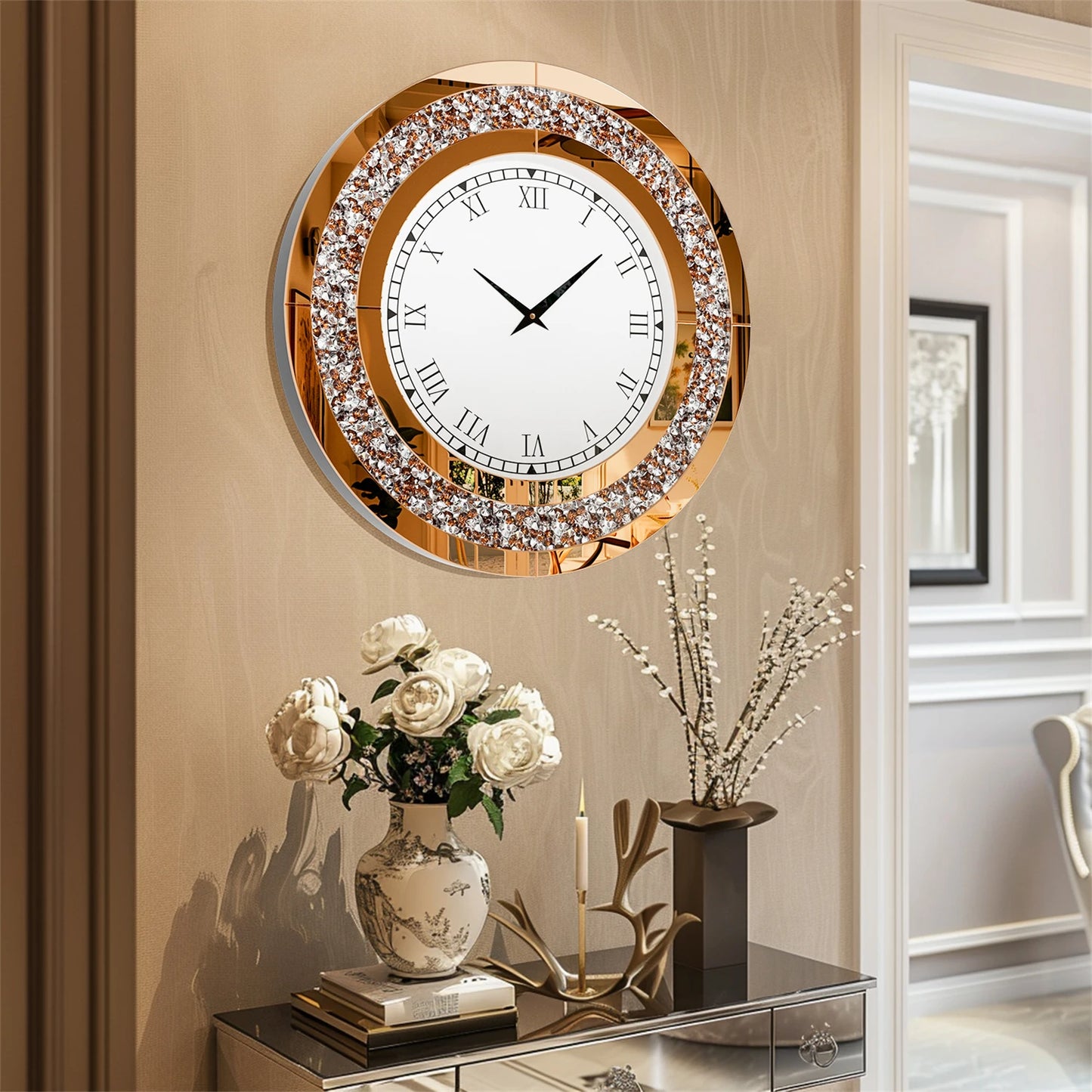 60 80CM Bling Silver Round Mirror Clock Glam Sparkle Twinkle Shining Mirrored Wall Clock for Home Decor