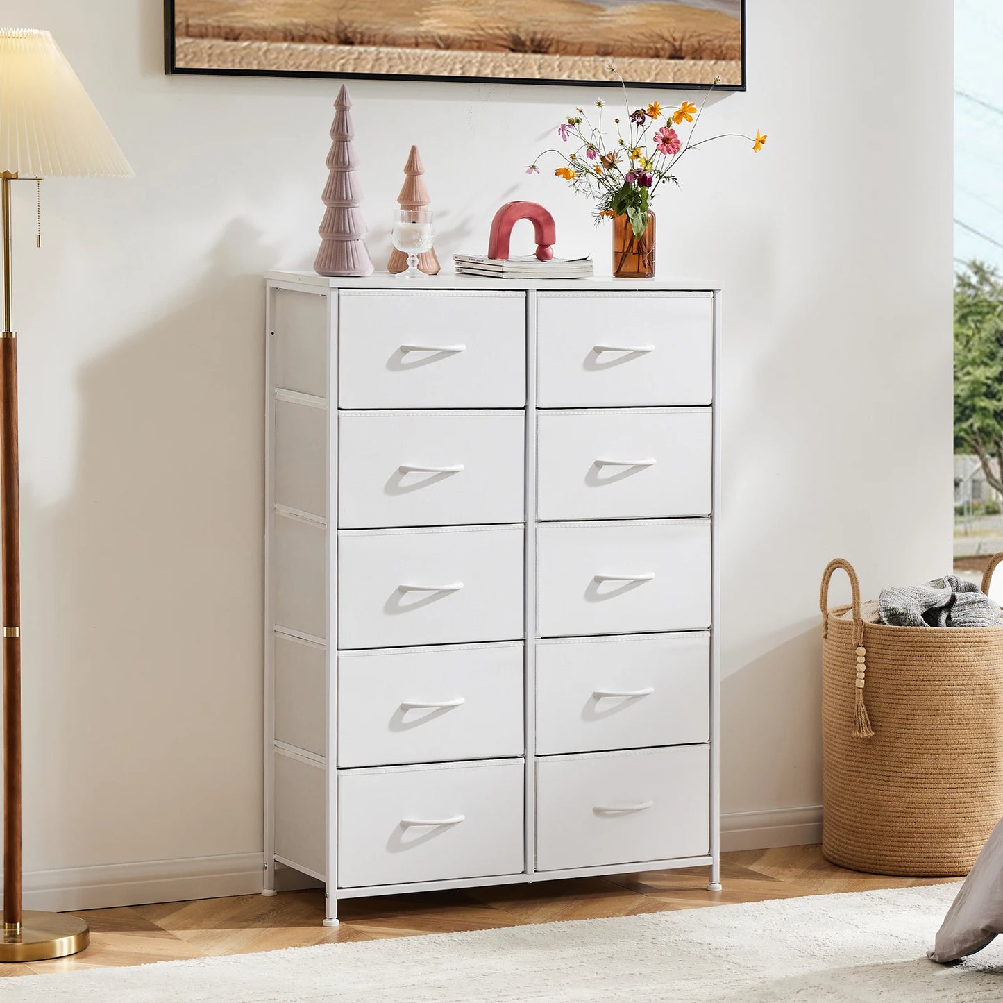 JHK Bedside Table With 10 Fabric Drawers Modern Nightstand Storage Cabinet Steel Frame Bedroom Furniture