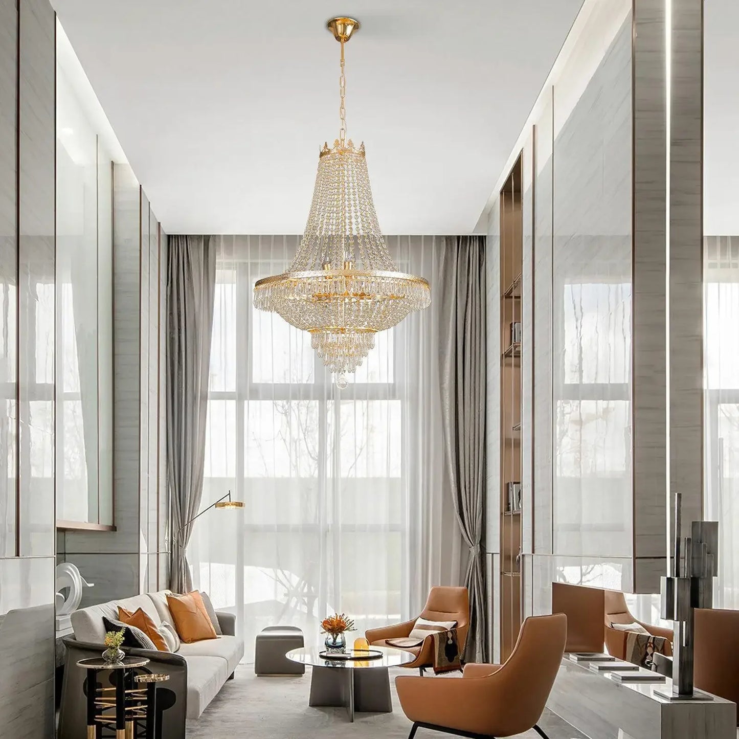 Modern Gold Crystal Chandelier 30in High 24in Dia Pendant
