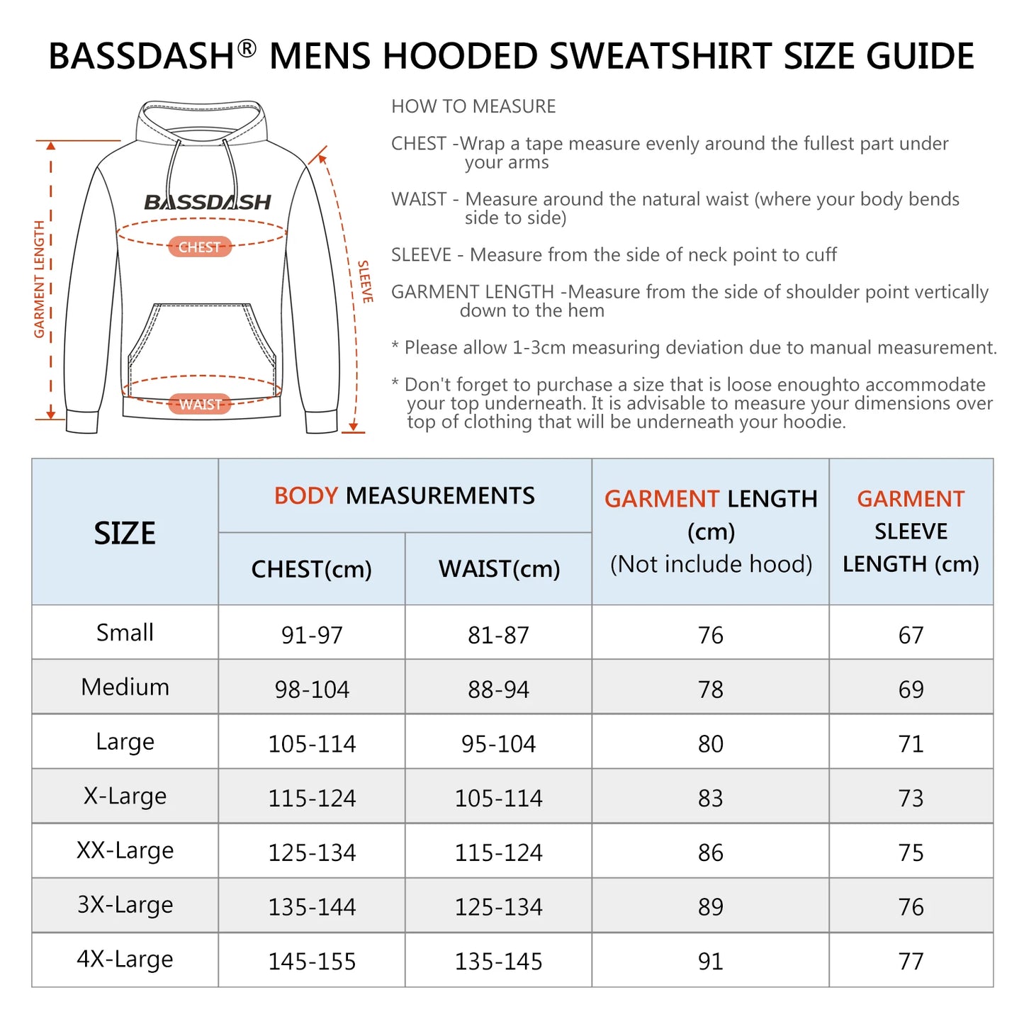 BASSDASH Mens Cotton Hoodie Long Sleeve Pullover Sweatshirt