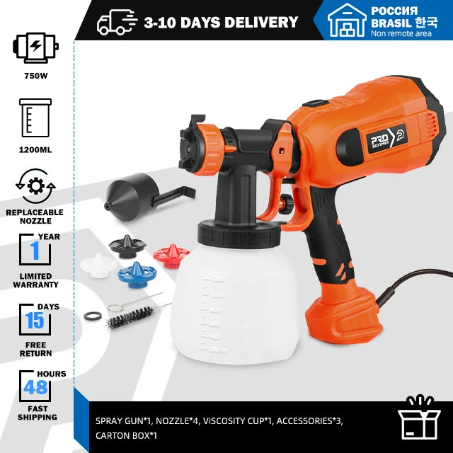 750W Electric Spray Gun HVLP 4 Nozzles 1200ML Flow Control