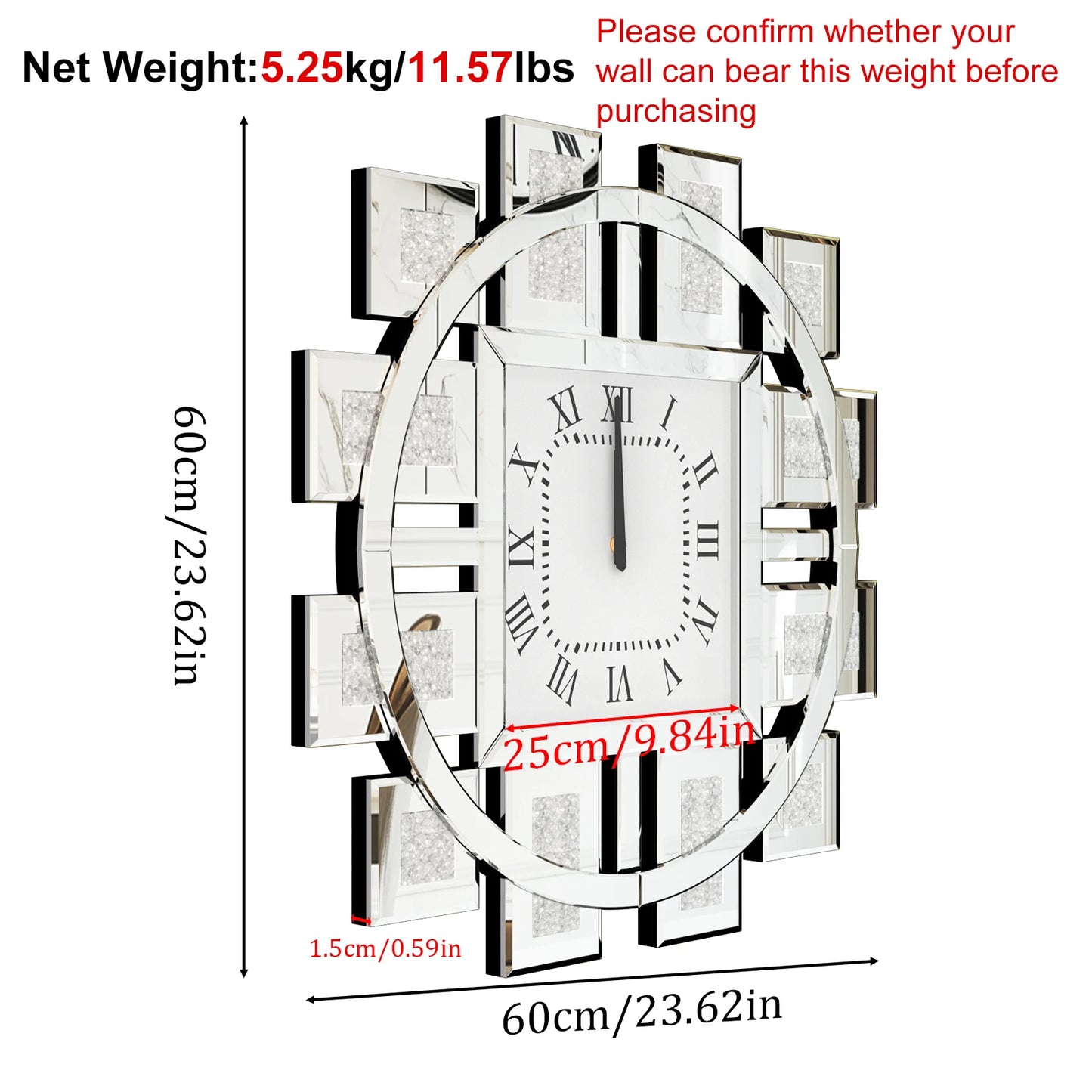Wall Clock Round Beveled Mirror Edge Frame Golden Silver
