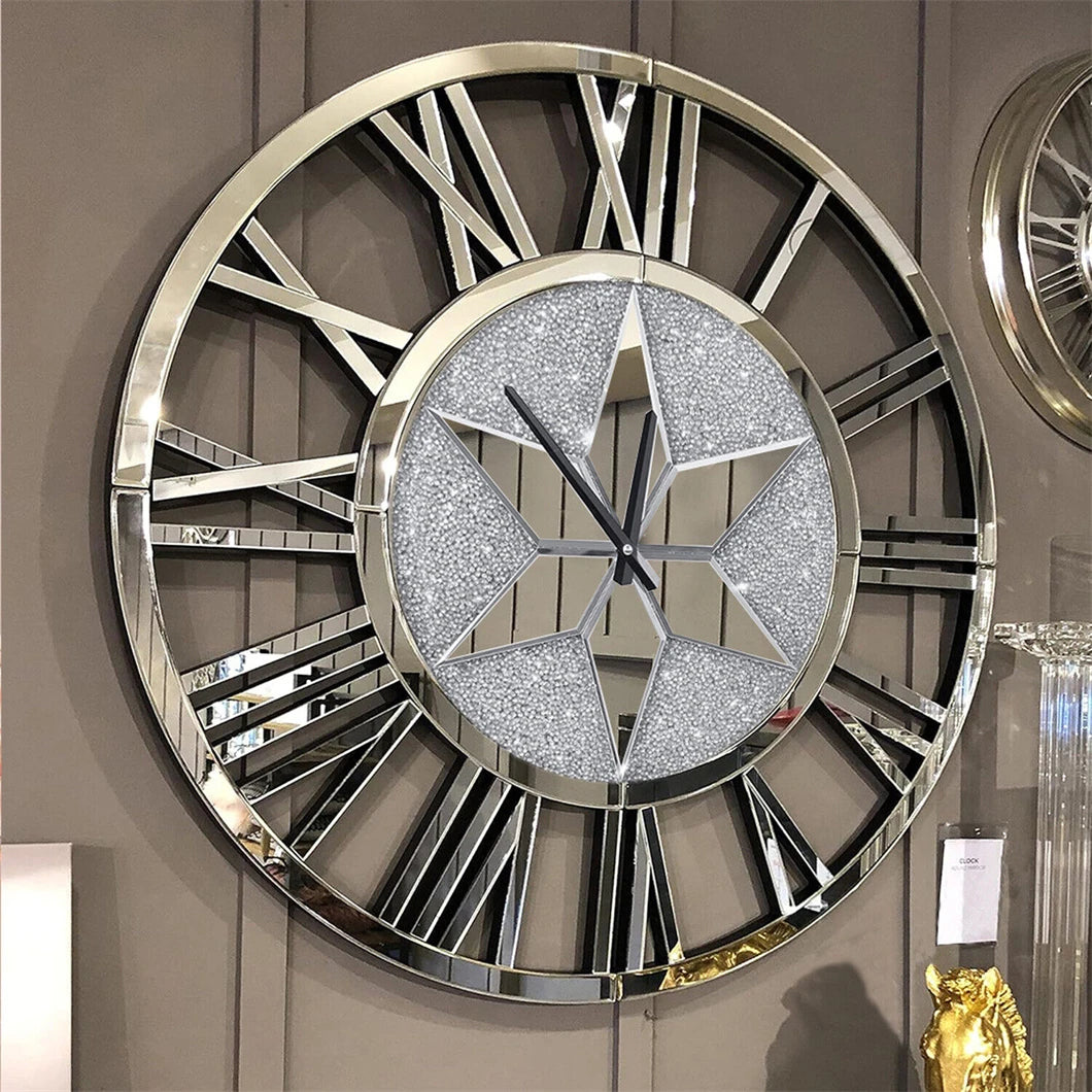 Large Mirrored Wall Clock 60cm Round Roman Numeral Skeleton