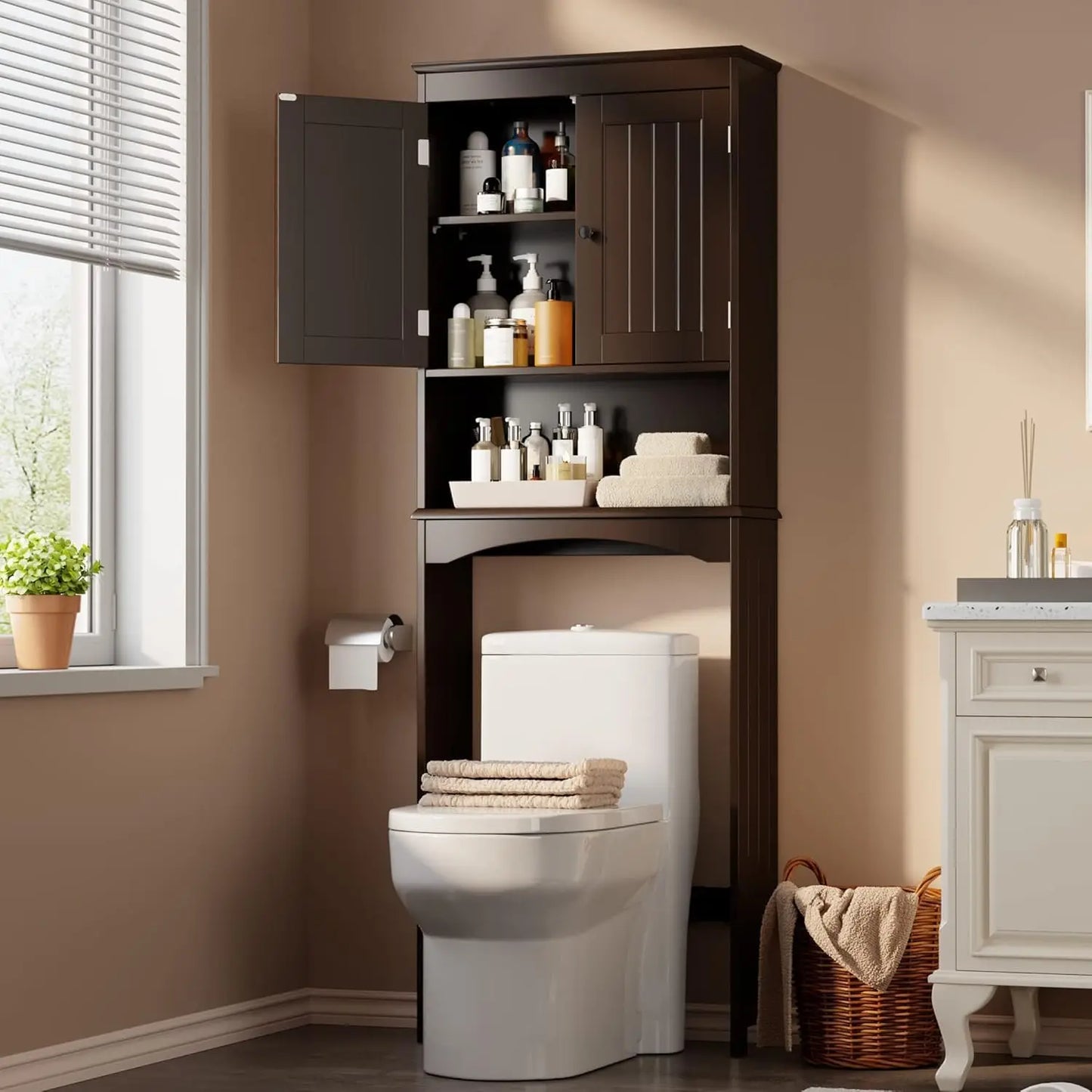 Adjustable Shelf and Double Doors, Bathroom Space Saver, Storage Shelves