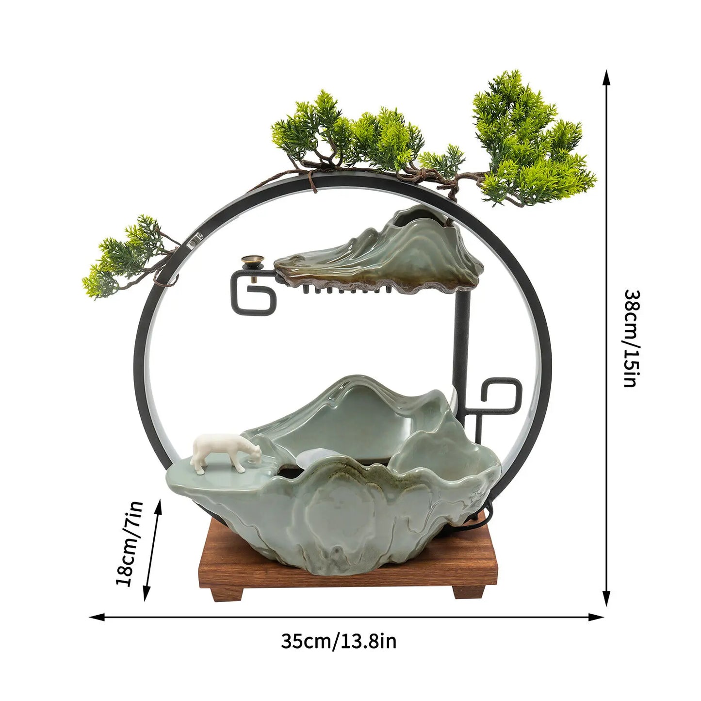 Tabletop Water Fountain Indoor Waterfall Decoration with Mist Rockery Horse Plants and LED for Meditation Feng Shui Decor