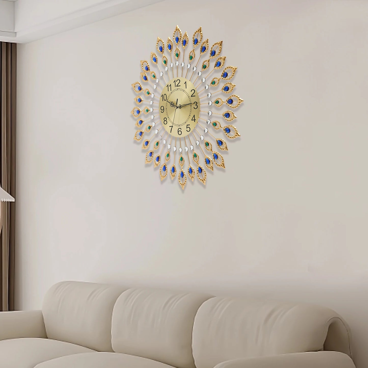 Decorative Wall Clock with Peacock Feather Design Quartz Movement Silent Ideal for Home and Office