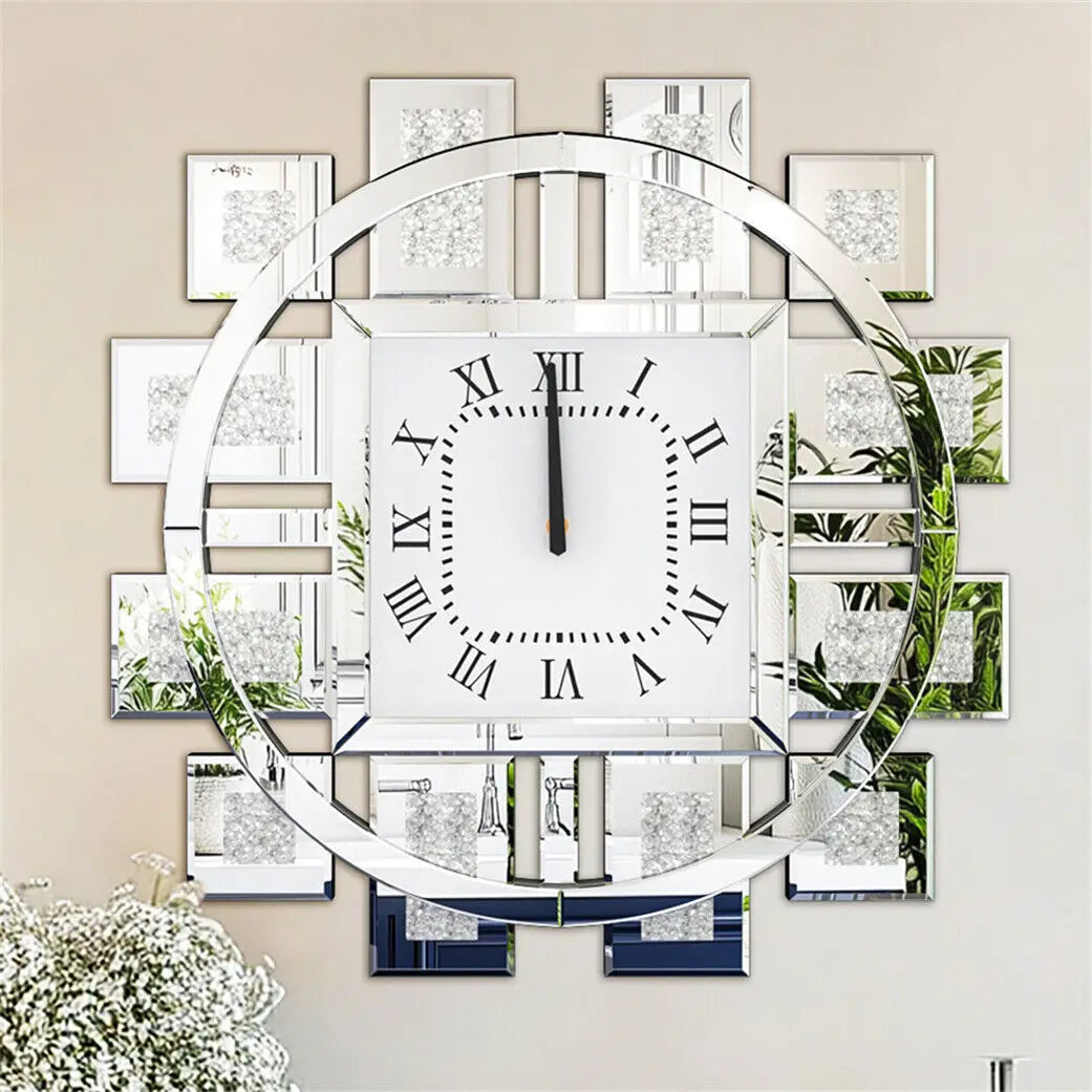 Wall Clock Round Beveled Mirror Edge Frame Golden Silver