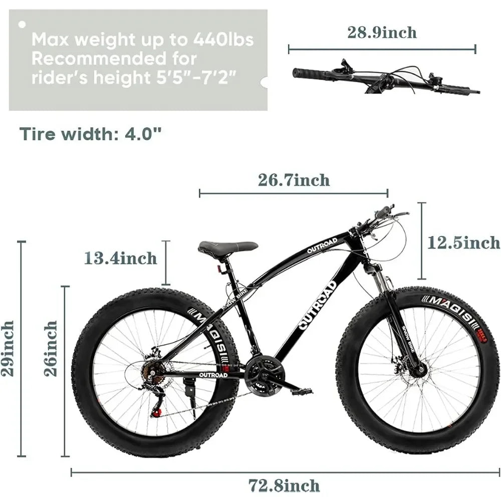 Mountain Bike with 26 Inch Fat Tire 21 Speed High Carbon Steel Frame