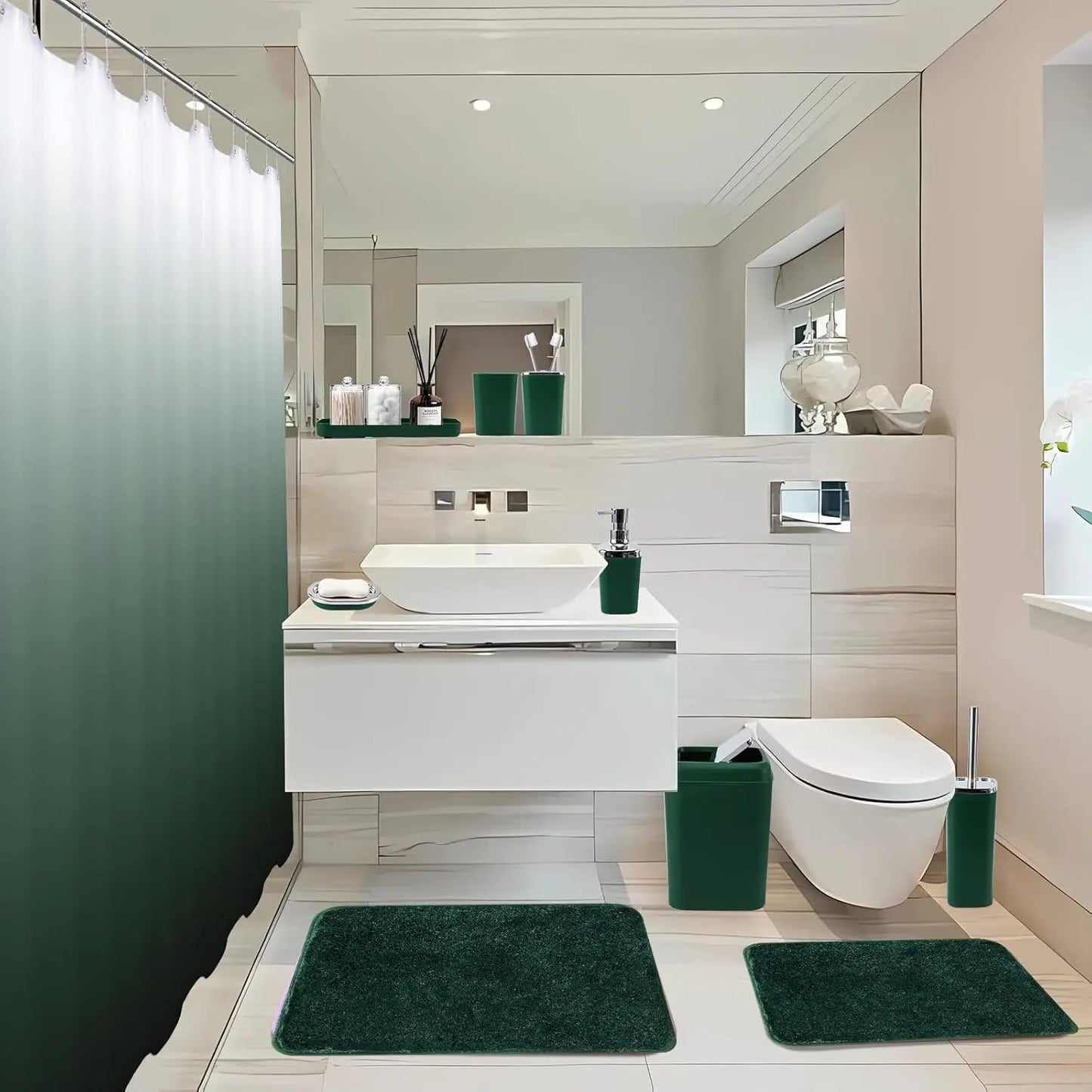 Dark Green Bathroom Accessories Set with Shower Curtain and No-Slip Bath Rugs