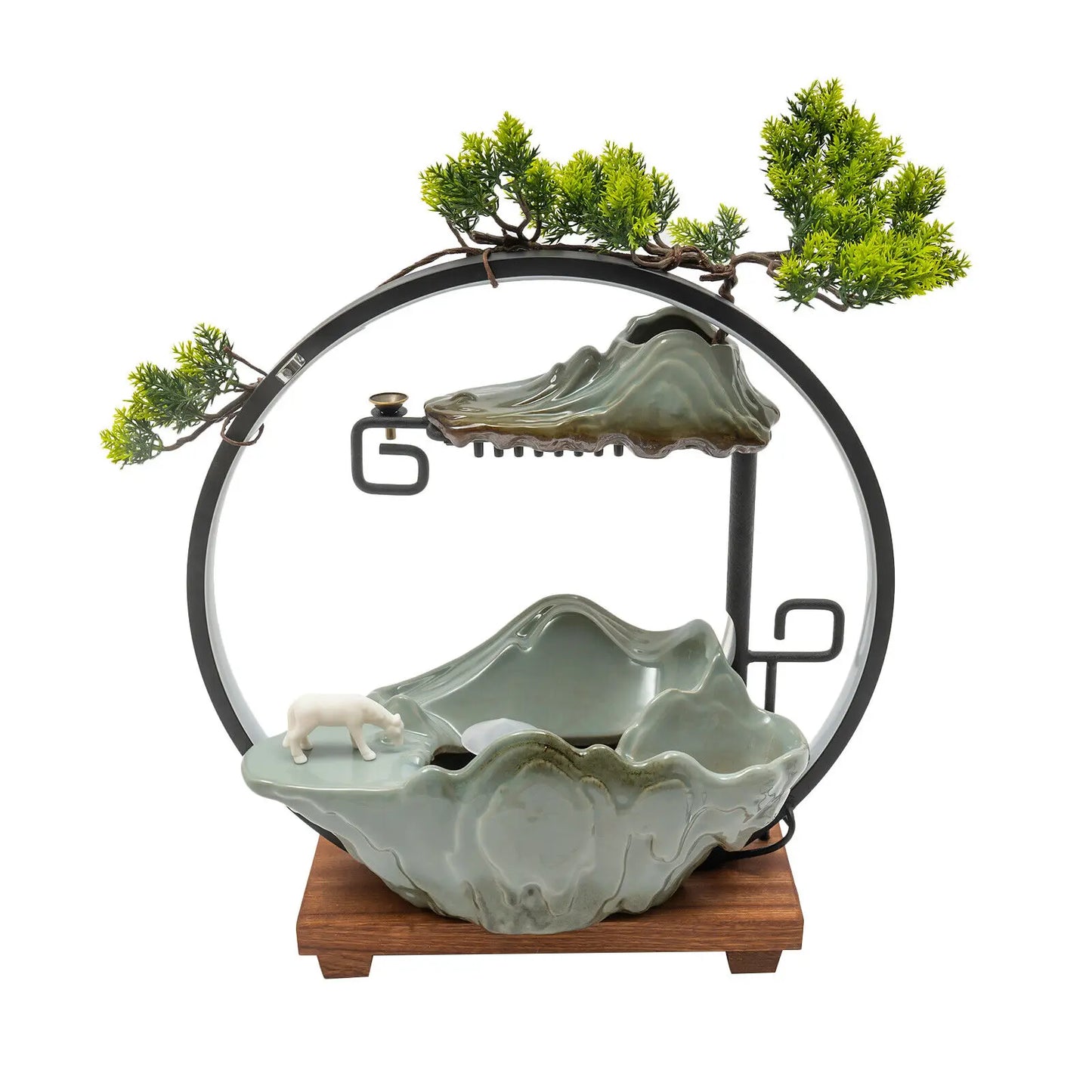 Tabletop Water Fountain Indoor Waterfall Decoration with Mist Rockery Horse Plants and LED for Meditation Feng Shui Decor