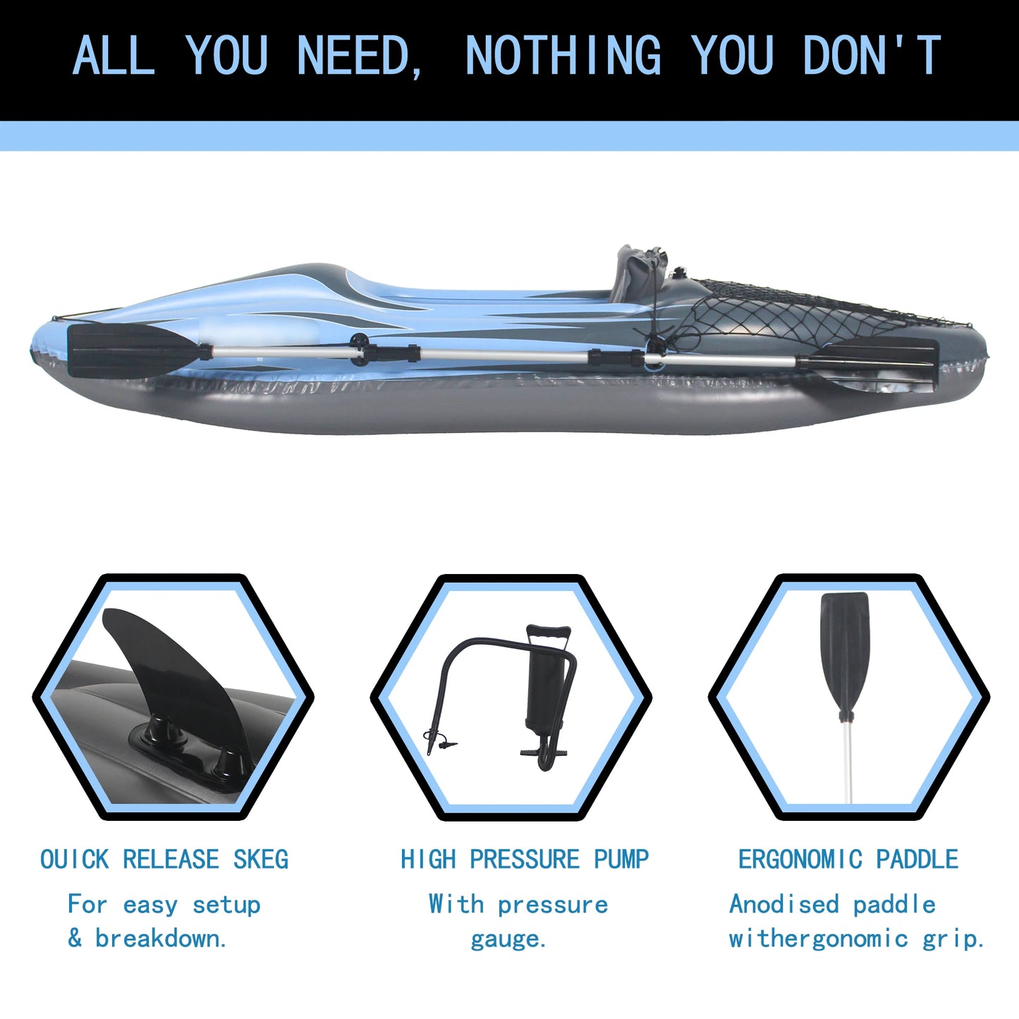 Inflatable One Person Kayak Canoe Blue Paddles Pump Bag