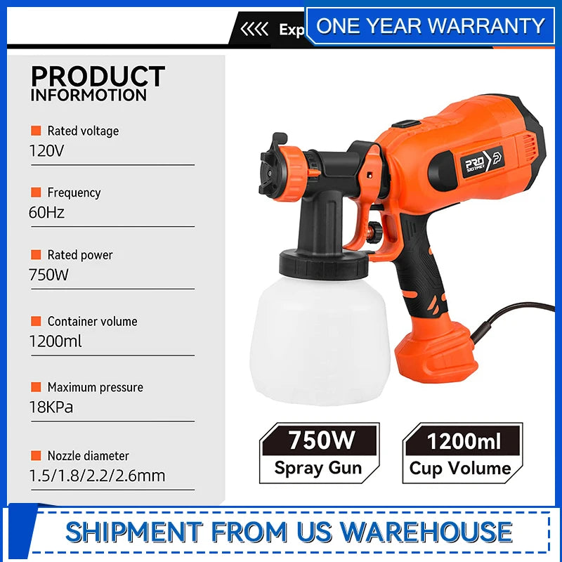 750W Electric Spray Gun HVLP 4 Nozzles 1200ML Flow Control