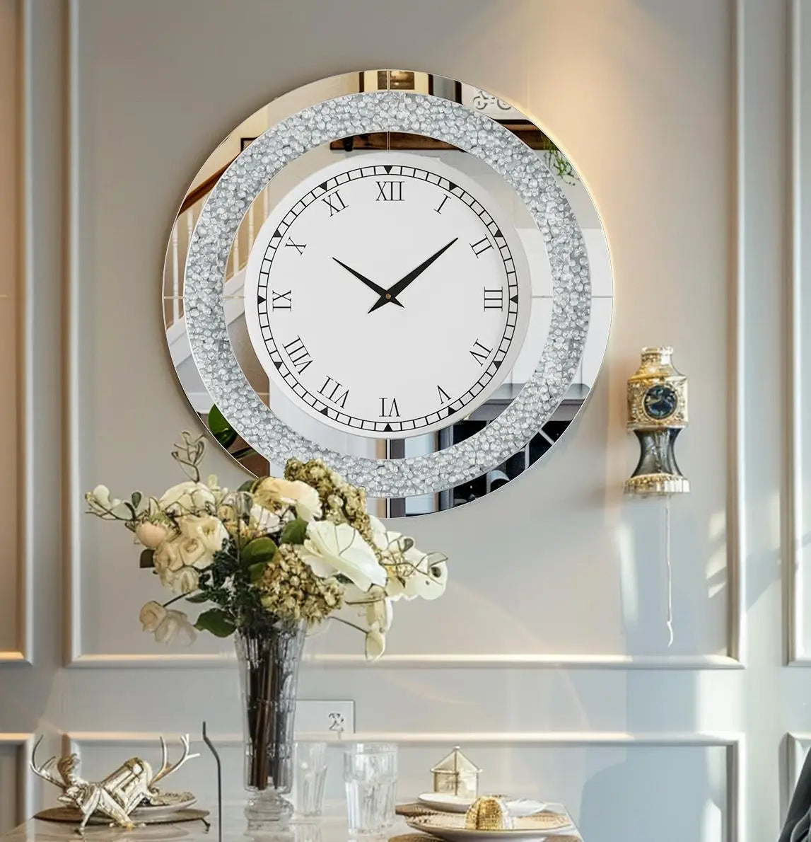 60 80CM Bling Silver Round Mirror Clock Glam Sparkle Twinkle Shining Mirrored Wall Clock for Home Decor