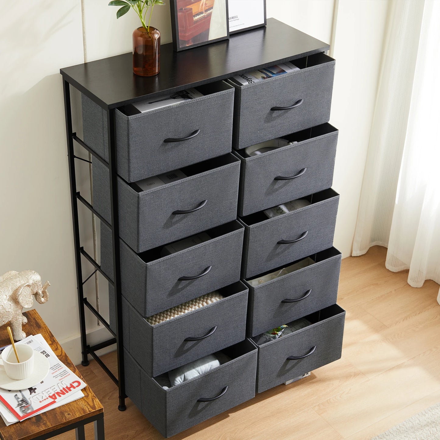 JHK Bedside Table With 10 Fabric Drawers Modern Nightstand Storage Cabinet Steel Frame Bedroom Furniture