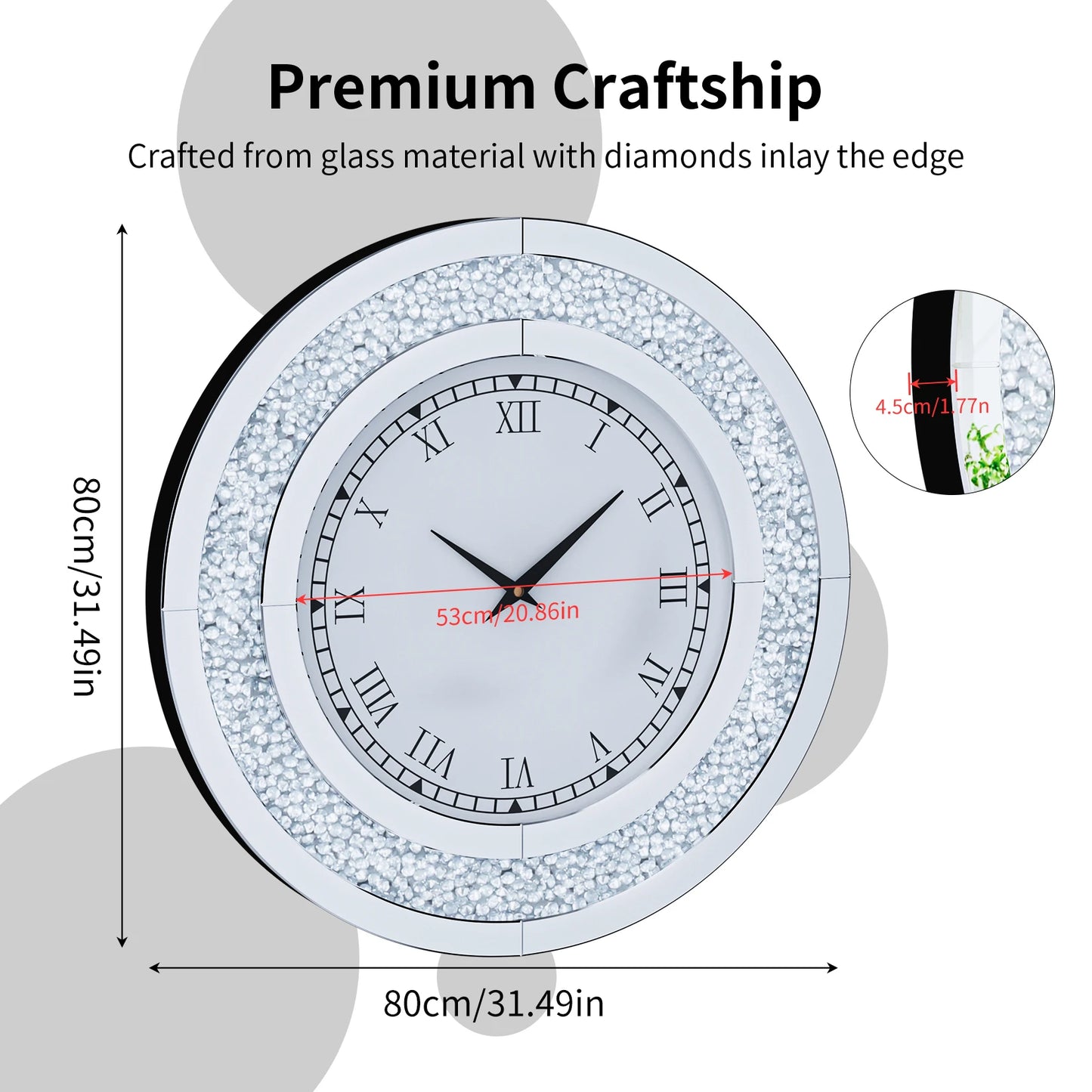 60 80CM Bling Silver Round Mirror Clock Glam Sparkle Twinkle Shining Mirrored Wall Clock for Home Decor