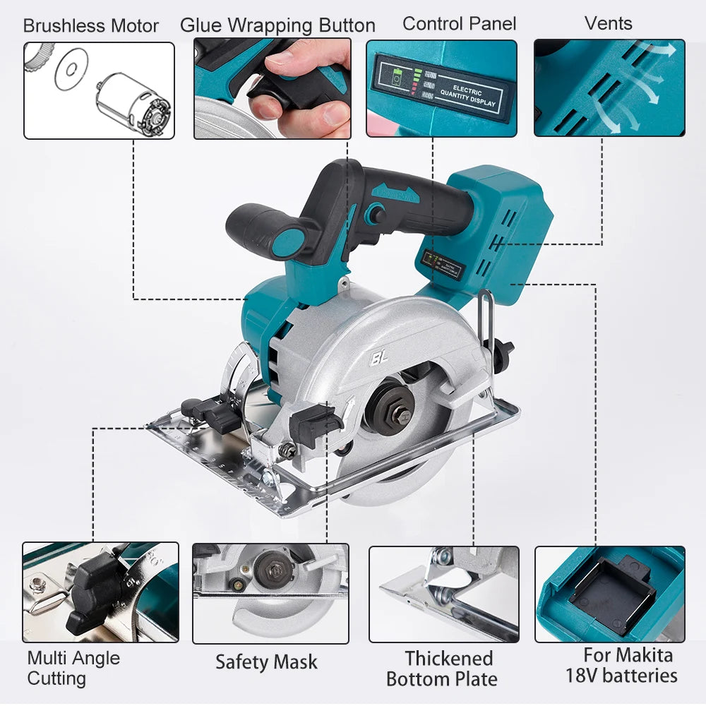 125mm Brushless Mini Circular Saw Cordless 0 to 45 Degree