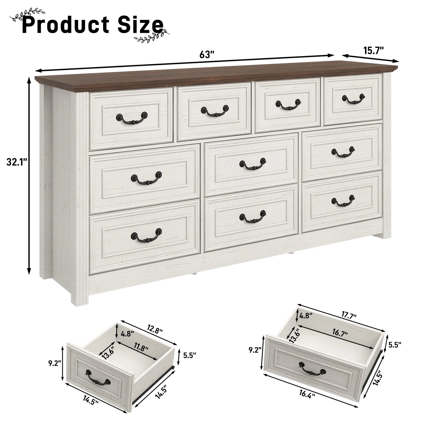Farmhouse 10 Drawer Dresser For Bedroom With Rustic Handles
