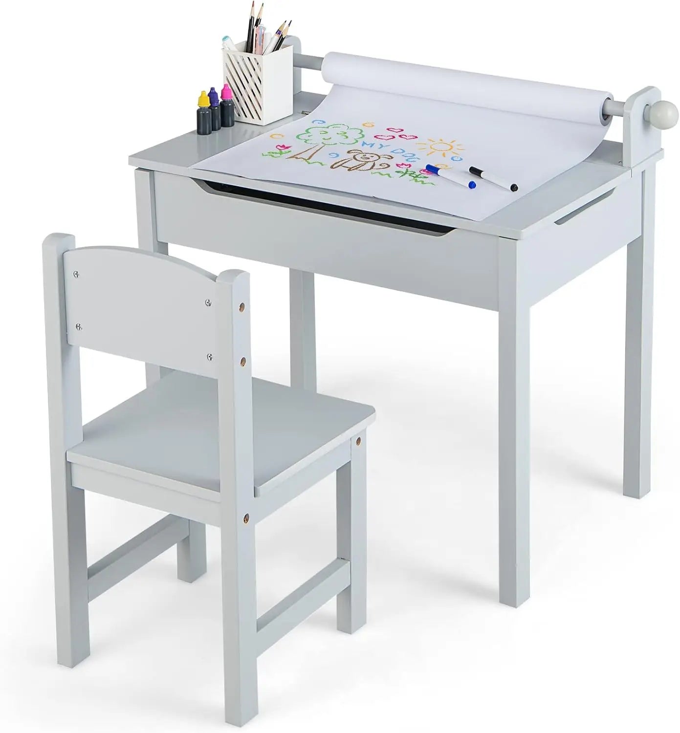 Kids Table and Chair Set, Wooden Lift-Top Desk & Chair with Storage, Paper Roll Holder & Pen Slot, Activity Table Set