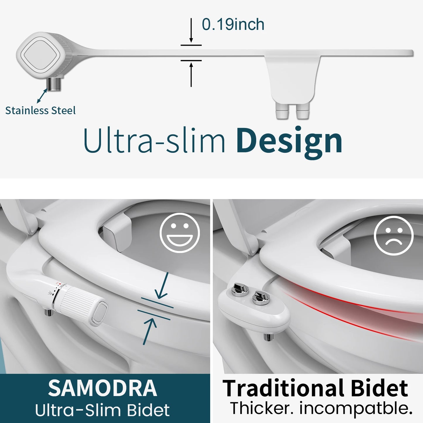 Samodra Bidet Non Electric Toilet Attachment Dual Nozzle Adjustable Water Pressure Brass Inlet