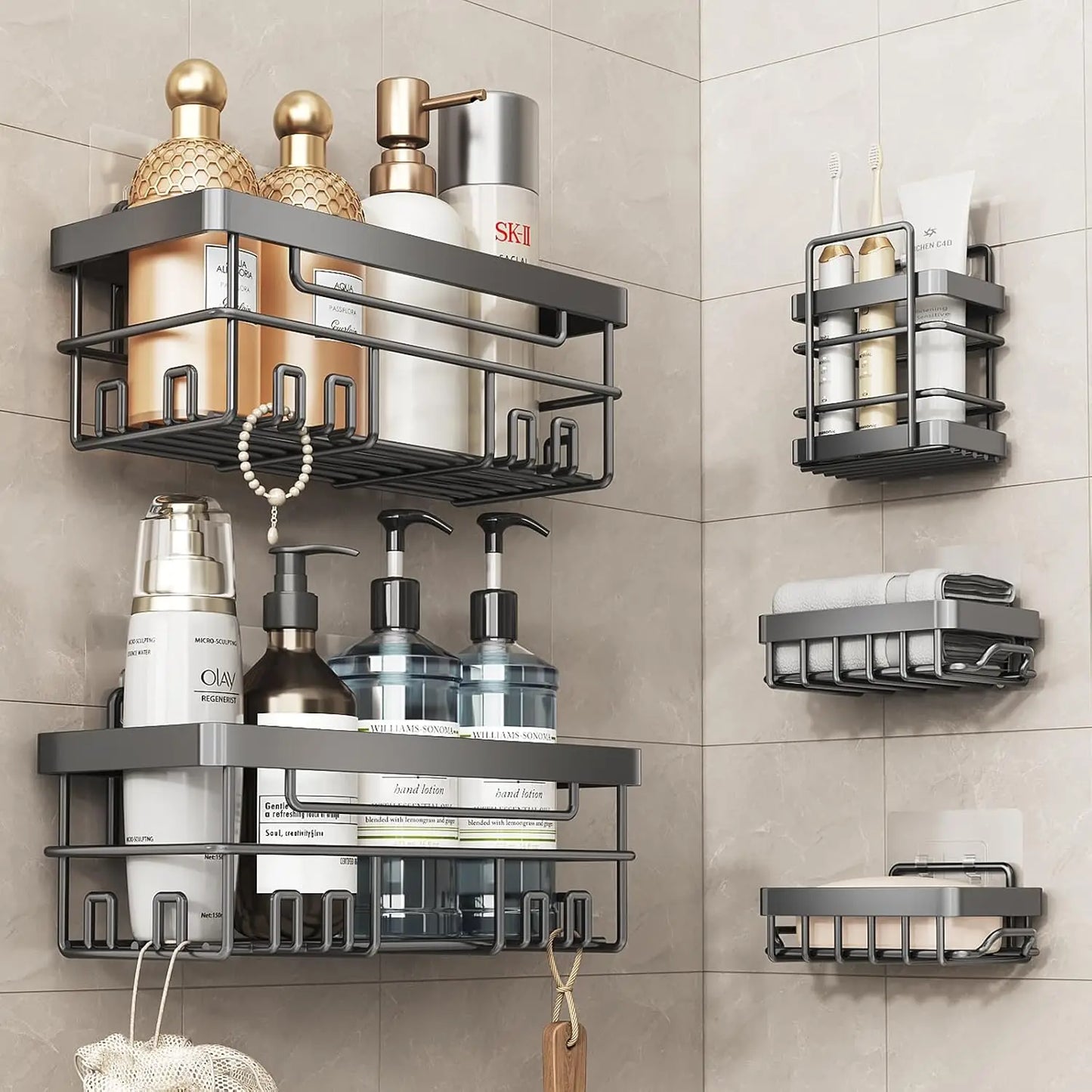 5 Pack Adhesive Shower Shelves No Drilling Shower Rack Black Storage Accessories