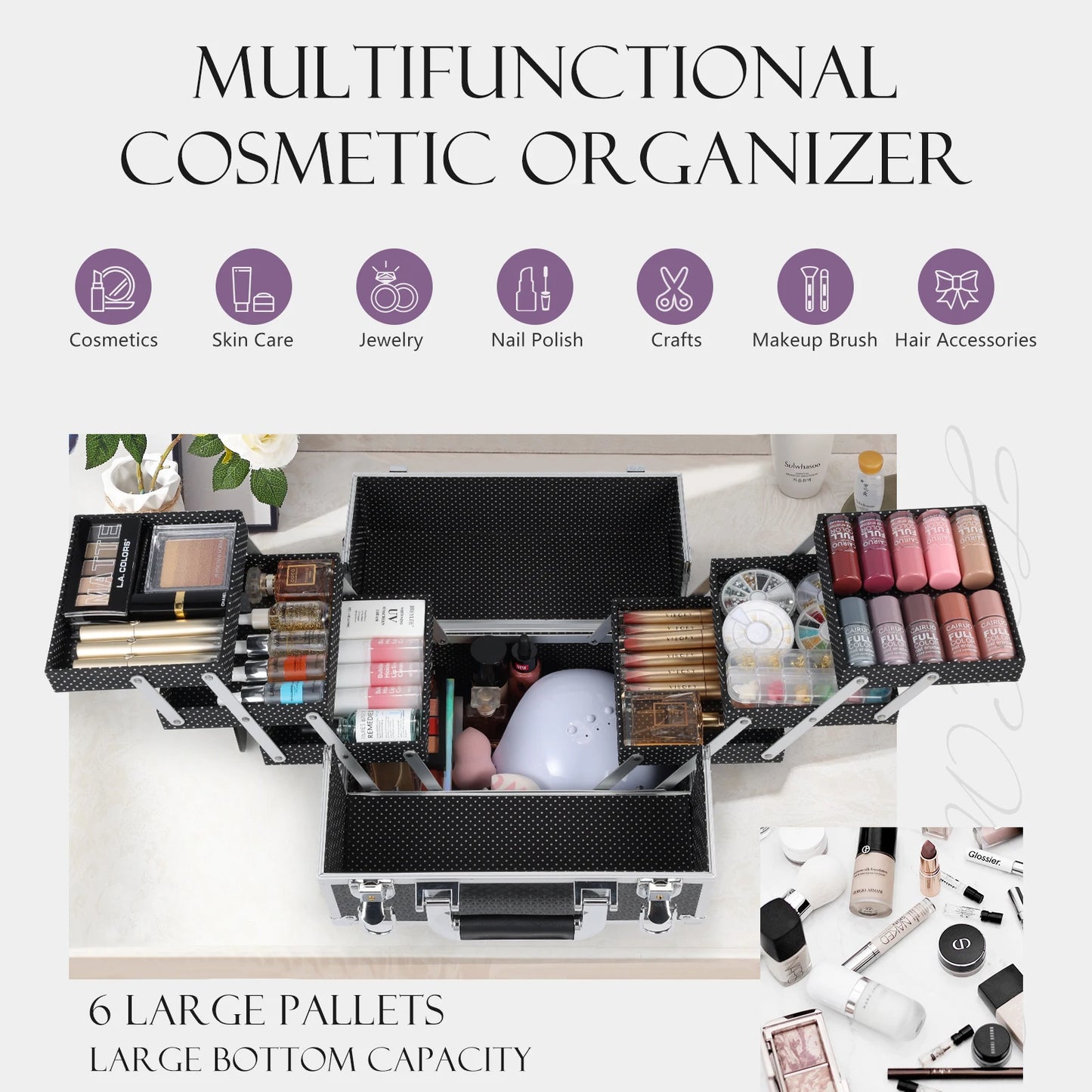 Professional Nail Suitcase Travel Portable Large Capacity Manicure Makeup Case with 6 Trays and Keys for Makeup Artists
