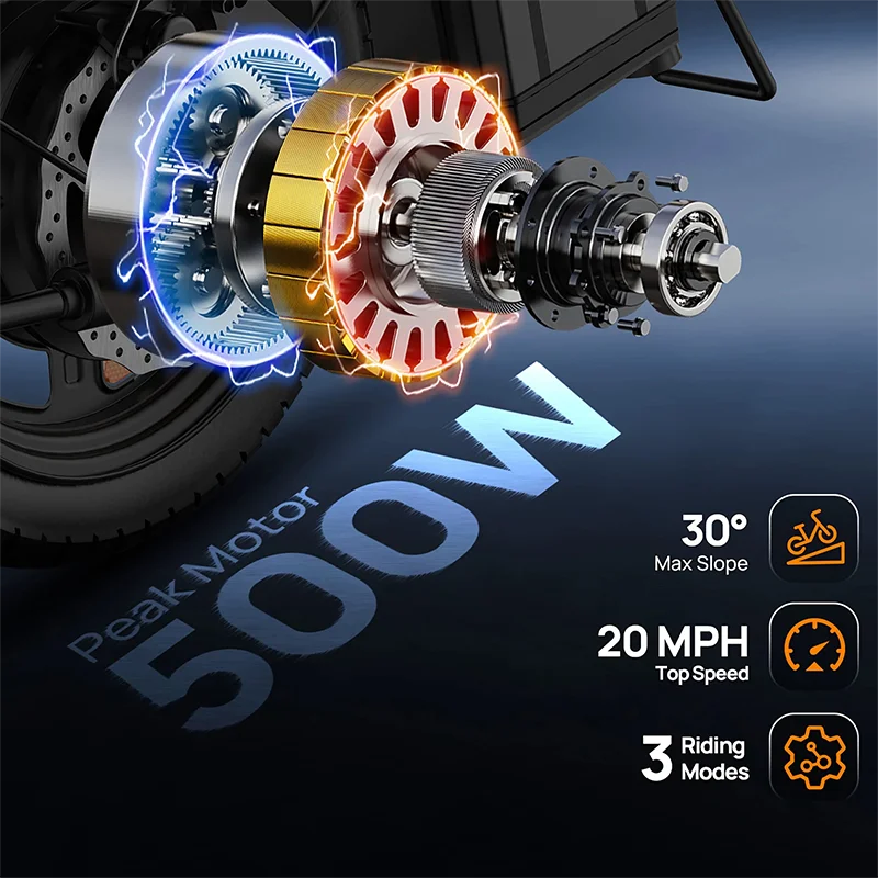 14In Foldable E Bike Peak 500W 48V Battery 40 Mile Range