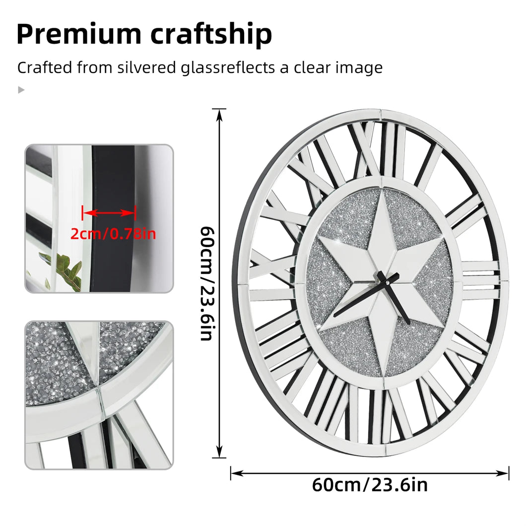 Large Mirrored Wall Clock 60cm Round Roman Numeral Skeleton